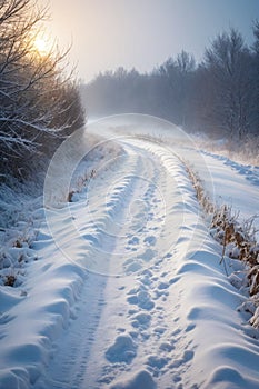 Snowy blizzard on a countrside path in a winter time