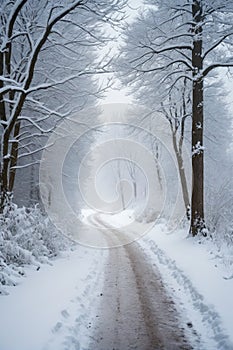 Snowy blizzard on a countrside path in a winter time