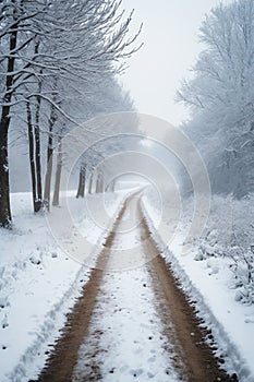 Snowy blizzard on a countrside path in a winter time