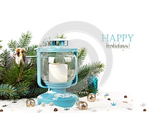 Snowy blue lantern and Christmas balls