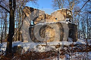 Snowy Bolczow Castle. Janowice Wielkie. Lower Silesia. Poland.