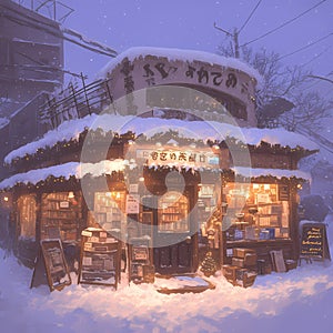 Snowy bookstore exudes charm and warmth.