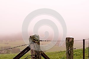 Snowy border by small town Renoville, France in misty winter morning