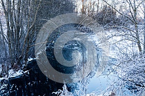 A snowy brook in the middle of the woods