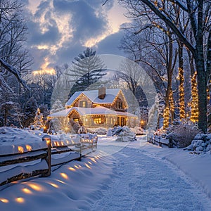 Snowy Cabin with Holiday Decorations and Warm Lights
