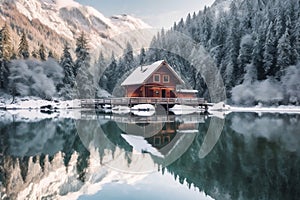 Snowy Cabin Retreat: Frozen Lake and Mountain View. Ai