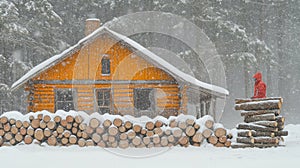 Snowy cabin in winter forest with logs and person in red jacket photo