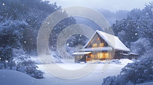 Snowy Cabin in the Woods with Glowing Windows photo