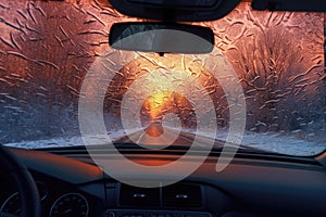 snowy car windshield with defrost pattern