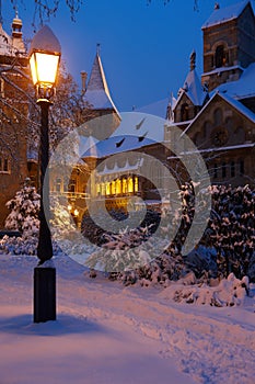 Snowy castle in magic hour