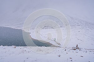 Snowy Chandratal or Lake of the moon in Himalayas of Spiti Valley  Himachal Pradesh photo