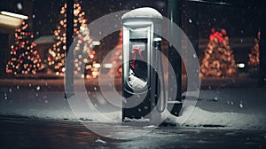 A snowy charging station for electric cars decorated with Christmas lights. Christmas night. Merry Christmas. Happy holidays
