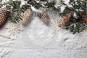 Snowy christmas background with fir branch and pine cones.