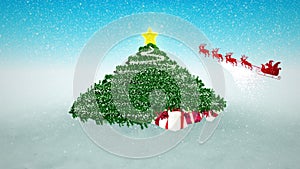 Snowy Christmas Background. Gifts under Christmas Tree and flyin