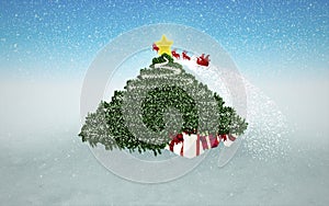 Snowy Christmas Background. Gifts under Christmas Tree and flyin