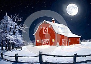 A Snowy Christmas Barn Scene, At Full Moon Night. Generative AI