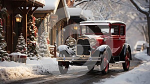 Snowy Christmas Classic Vintage Car Parked Outside a Festively Christmas Decorated Home. Generative AI