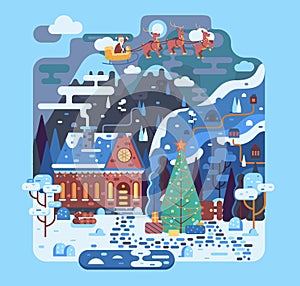 Snowy christmas cottage with smoking chimney and Xmas decorations. Christmas tree and flying sleigh with reindeer and