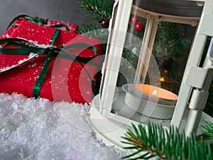 Snowy christmas decorations. New Year. Noel, Merry Christmas and Happy Holidays greeting card