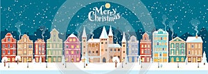 Snowy Christmas night in cozy town city panorama with castle. Winter village landscape, flat style, Merry Christmas