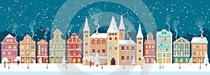 Snowy Christmas night in cozy town city panorama with castle. Winter village landscape, flat style, vector illustration