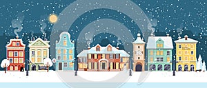 Snowy Christmas night in cozy town city panorama. Winter village holiday landscape, vector illustration