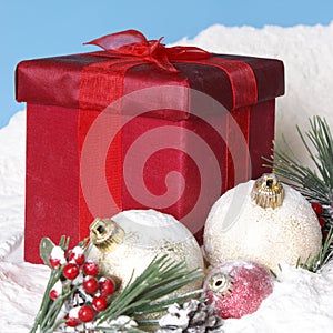 Snowy Christmas Pines Baubles and Gift Box