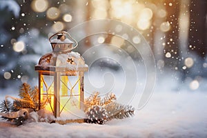 Snowy Christmas scene with a candle lit Lantern in the snow with pine cones and fir branches set against a forest generative AI