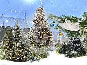 Snowy Christmas tree  on  festive city marketplace fluffy snowflakes   no  tree branch with red blue green ball and gold confetti