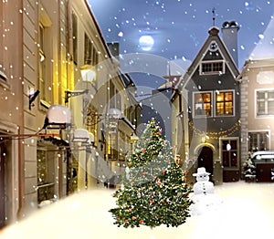Snowy   Christmas tree and snow man  moon on night sky  illuminated snow flakes festive  bokeh light  snowman on Town hall square