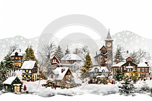 Snowy Christmas village on a soft transparent white backdrop