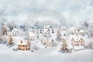 Snowy Christmas village on a soft transparent white canvas