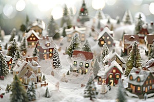 Snowy Christmas village on a soft transparent white surface