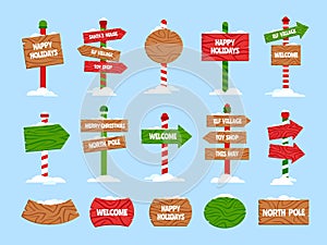 Snowy Christmas wooden signs. Happy winter holidays, Santas house, Xmas elf village, toy shop and welcome pointers with