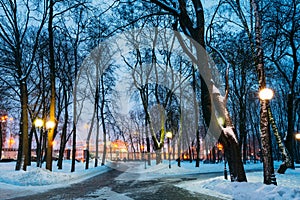 Snowy city park in the light of lanterns at evening in Gomel, Be photo