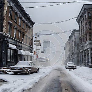 Snowy City Street with Classic Cars and Modern High-rises