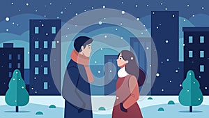 On a snowy city street a person confesses their love to their significant other the silence of the falling snow