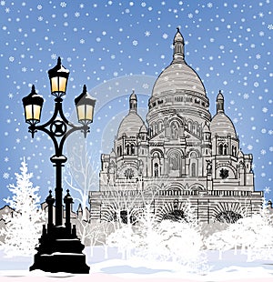 Snowy city wallpaper. Winter Christmas holiday snow background.