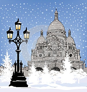 Snowy city wallpaper. Winter holiday snow background. Paris land