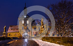 Snowy cityscape at dusk-Town Hall- Bamberg-Germany