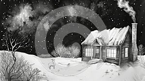 Snowy cottage sketch in ink, windows bright in the night, stars and rising smoke, with a deer beside the woods. Private
