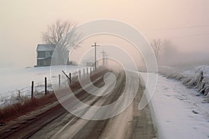 snowy country road disappearing into the foggy horizon