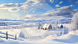 Photoreal Winter Landscape: Farm With Red Roof Against Icy Blue Sky photo