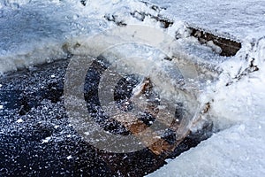 Snowy crystalls of ice on frozen lake