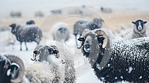 Snowy Day in the Countryside, Flock of Sheared Sheep Braving the Cold. Rustic Winter Scene in a Snowfall. Tranquil Farm