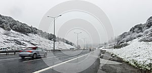 Snowy day in Istanbul, Turkey. View of highway.