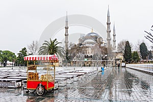 Snowy day in Sultanahmet Square and Blue Mosque. Istanbul, Turkey