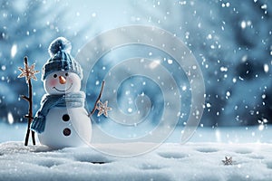 Snowy Delights Christmas Winter Background with Snowman and Blurred Bokeh - Merry Christmas and Happy New Year Greeting Card with