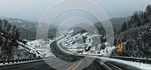 Snowy and desert road toward Lac Saint Jean