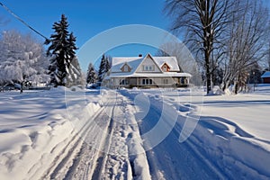 snowy driveway with footsteps and shovel tracks